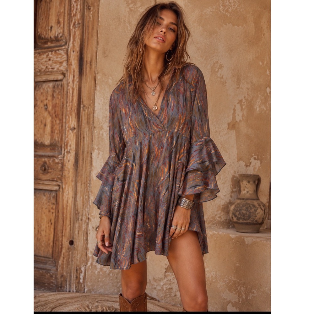 Umgee Boho Ruffle Bell Sleeve Abstract Print Tunic Mini Dress Orange Blue Small